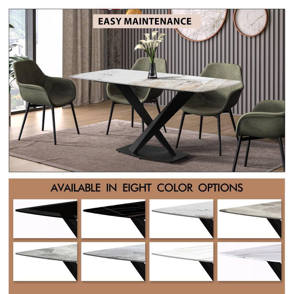 LeisureMod Voren Modern Dining Table with 62" Rectangular Sintered Stone or Glass Wide Tabletop and Black Steel Legs for Home, Kitchen, Dining or Conference Room in White Grey