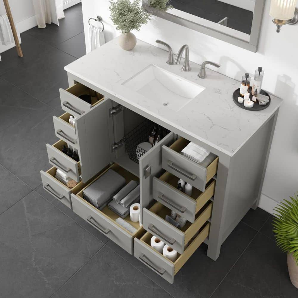 Eviva Aberdeen 42"W x 22"D Gray Bathroom Vanity with White Carrara Quartz Countertop and Undermount Porcelain Sink