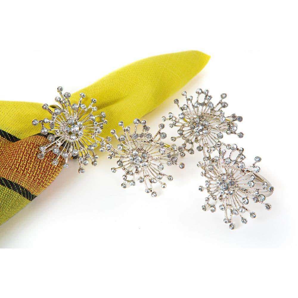 Manor Luxe Snowflake Holiday Elegant Jeweled Metal Napkin Rings, Set of 4,Silver