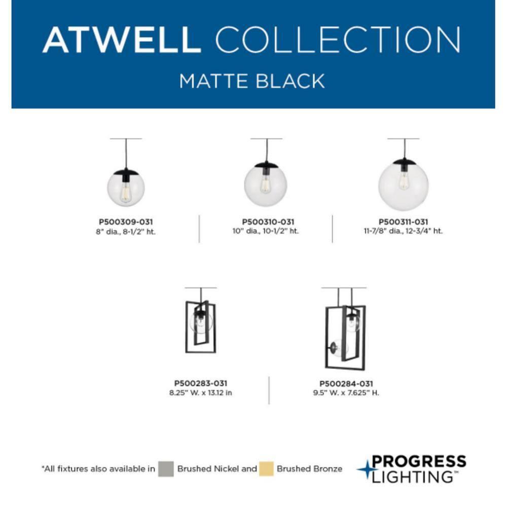 Progress Lighting, Atwell Collection, 1-Light, Pendant Light, Matte Black, Glass Globe Shade