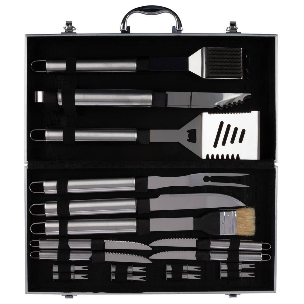 BBQ Grill Accessories Kit - 19-Piece Stainless-Steel Grilling Tools Set with Carrying Case - Camping Utensils for Summer Outdoor Cooking by Chef Buddy