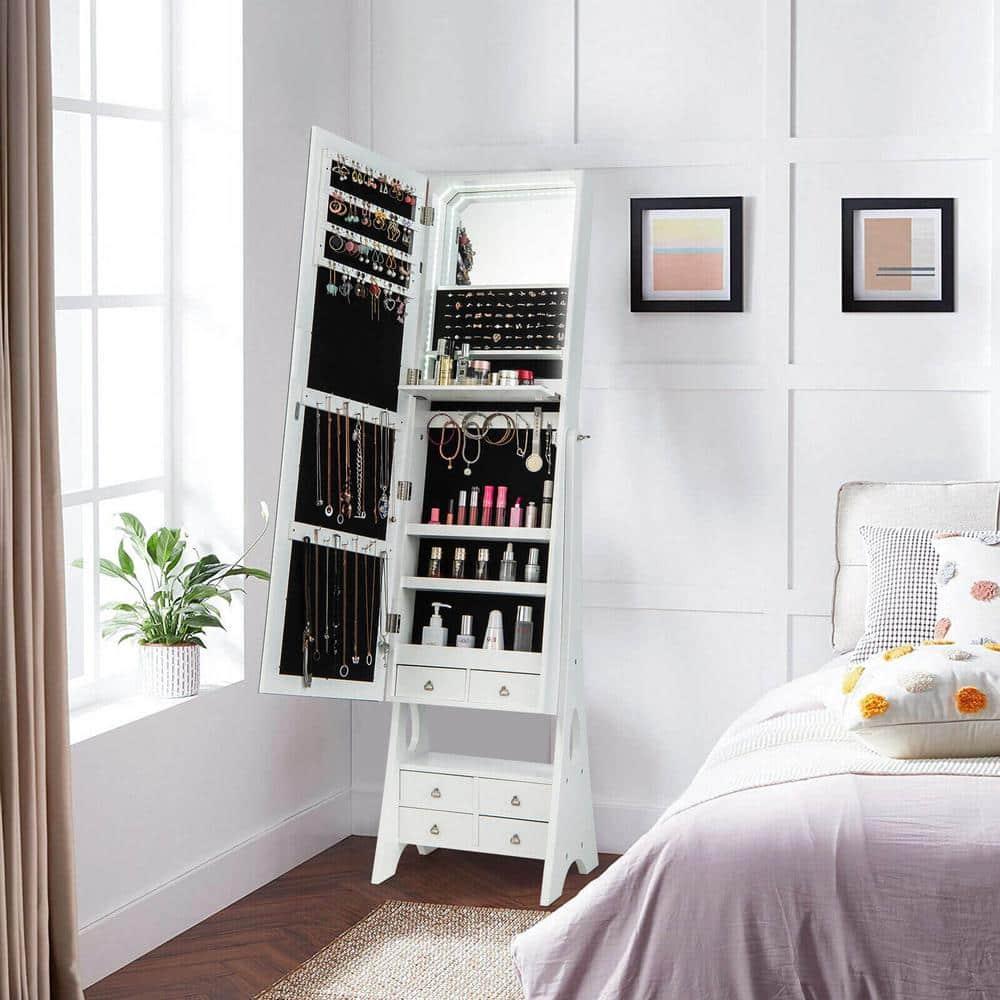 Tangkula Jewelry Cabinet Armoire Full Length LED Mirror w/ 6 Drawers & Makeup Shelf White