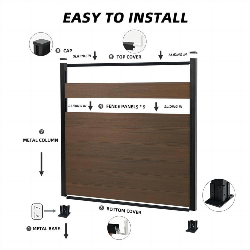 Privacy Fence for Outside, 6ftx6ft Outdoor Privacy Panels with In-ground Post, Wind Resistant Wood Plastic Composite Fencing for Patio, Backyard, Garden and Swimming Pool (Brown with 1 Post)