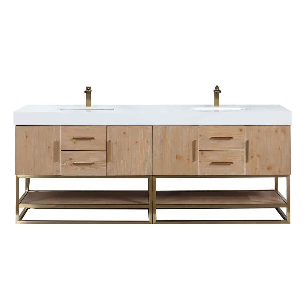 Bianco 84" Wood Vanity in Light Brown with  Composite Stone Top without Mirror
