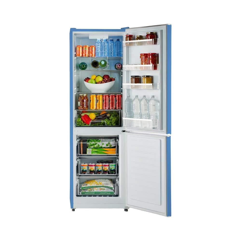 iio 24" 11 Cu Ft Bottom Freezer Retro Refrigerator Fridge for Bedroom, Multiflow 360°, Small Mini Ice Cube Tray, 1 Fruit container, LED Dorm Office Beverage Quiet Compressor, Light Blue (Right Hinge)