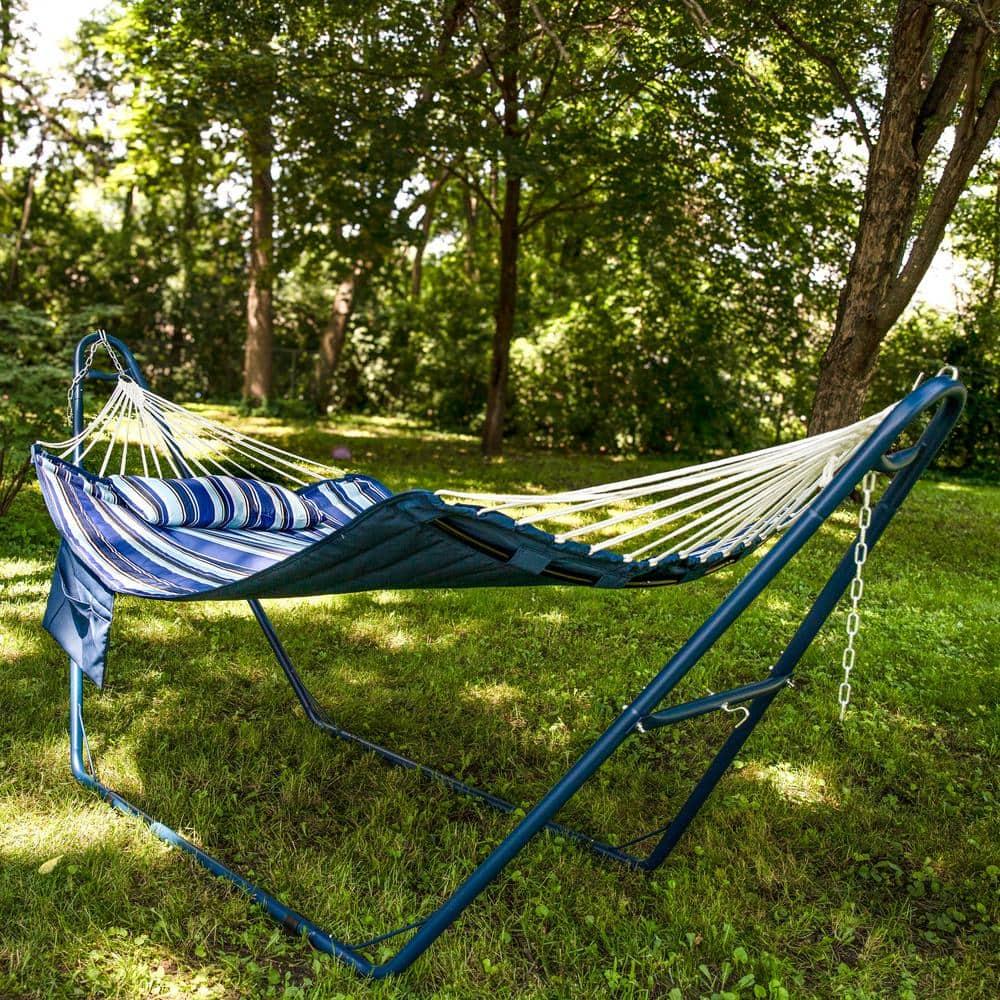 Arlmont & Co. Patrricia Quilted Polyester Curved Metal Spreader Bar Hammock with Pillow - Catalina Beach