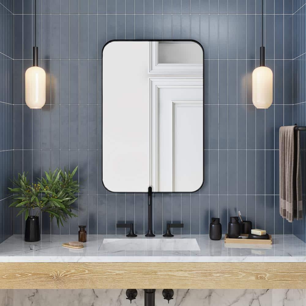 Better Bevel 20" x 30" Black Metal Framed Mirror | Rectangle Bathroom Wall Mirror | Rounded Corner