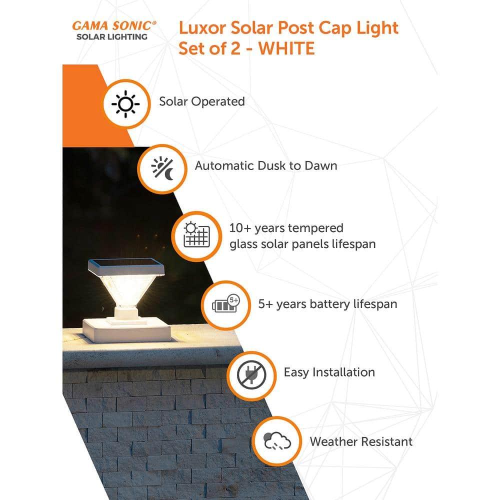Gama Sonic Luxor Black 4x4 and 5x5 Solar LED Deck Post Cap Light with Warm White and Hi/Lo Mode for Backyard and Wood Fence(2-Pack) (Set of 2)