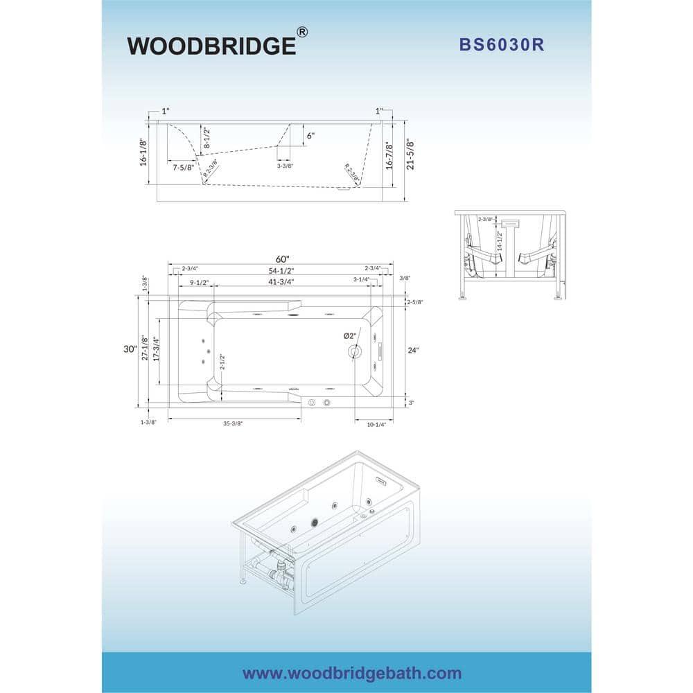 60" x 30" Whirlpool Heated Rectangular Alcove Acrylic Bathtub with Chrome/Matte Black Drain and Overflow