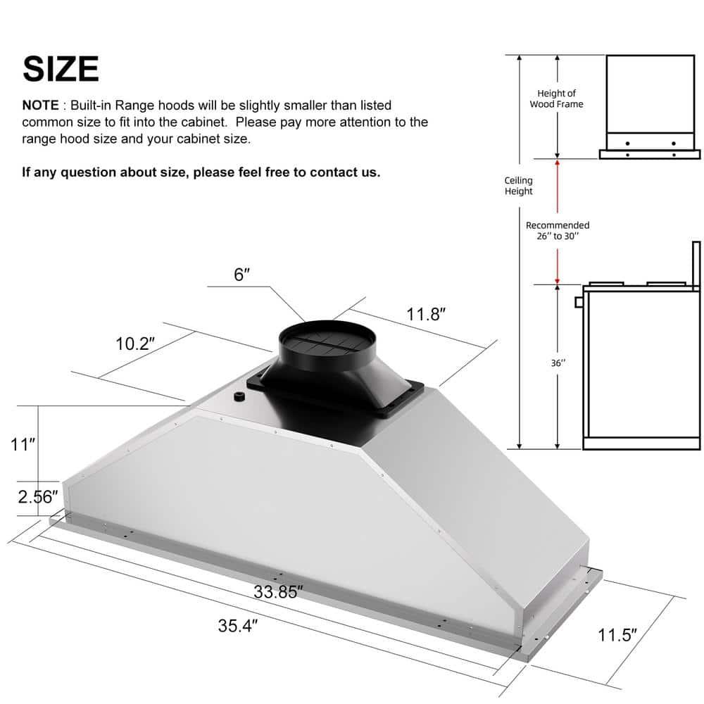 36 in. 900 CFM Convertible Insert Range Hood Stainless Steel with Charcoal Filter Voice/Gesture/Touch Control