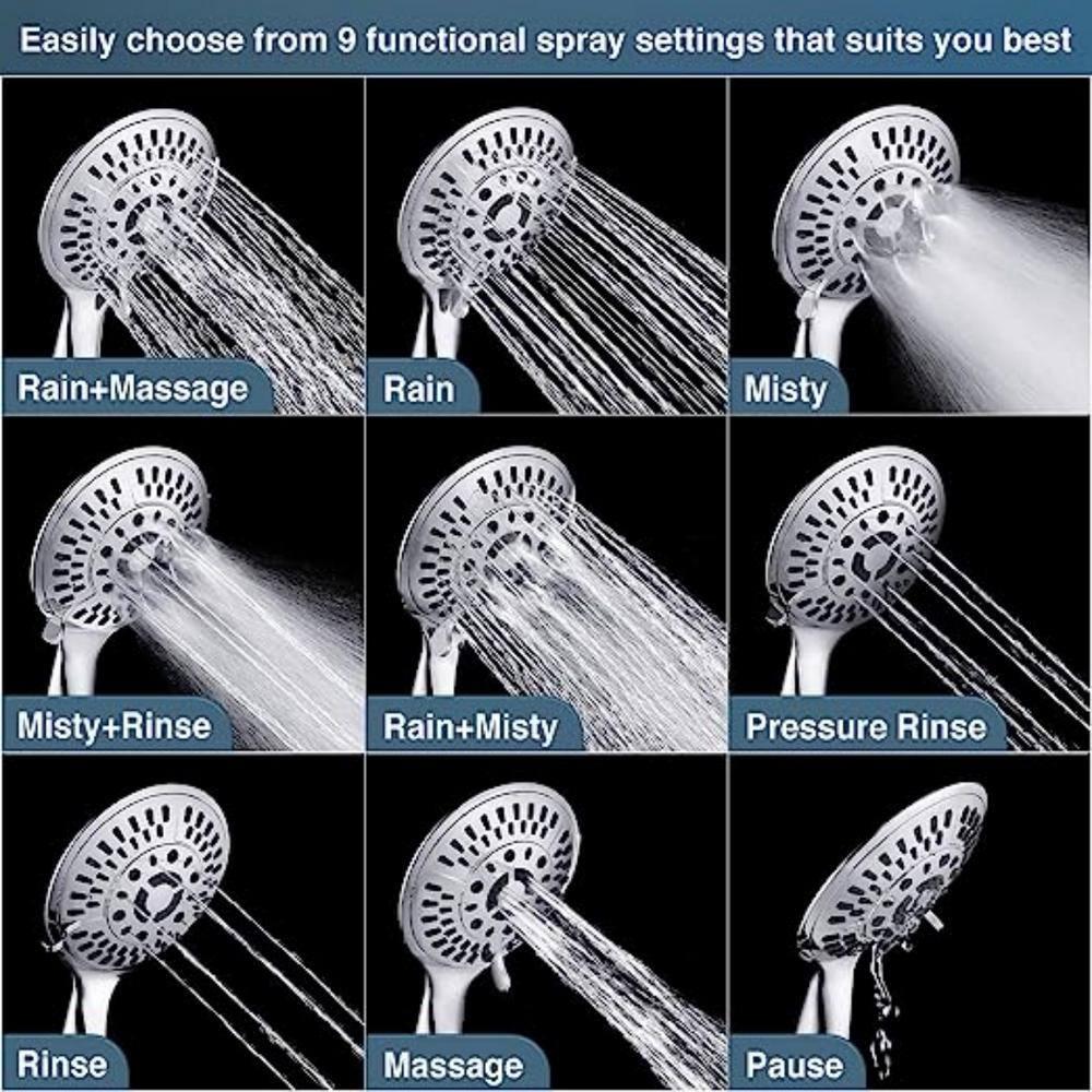 BRIGHT SHOWERS 9 Spray Settings Handheld Shower Head Set High Pressure Chrome Hand Held Showerhead with 60 Inch Flexible Shower Hose and Adjustable Shower Arm Mount Bracket