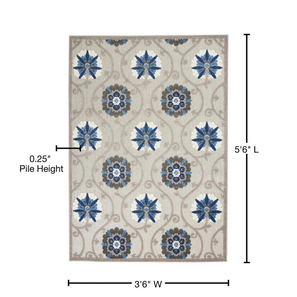 Nourison Aloha Contemporary Floral Flatweave High-Low Indoor Outdoor Area Rug Grey/Blue 3'6" x 5'6"