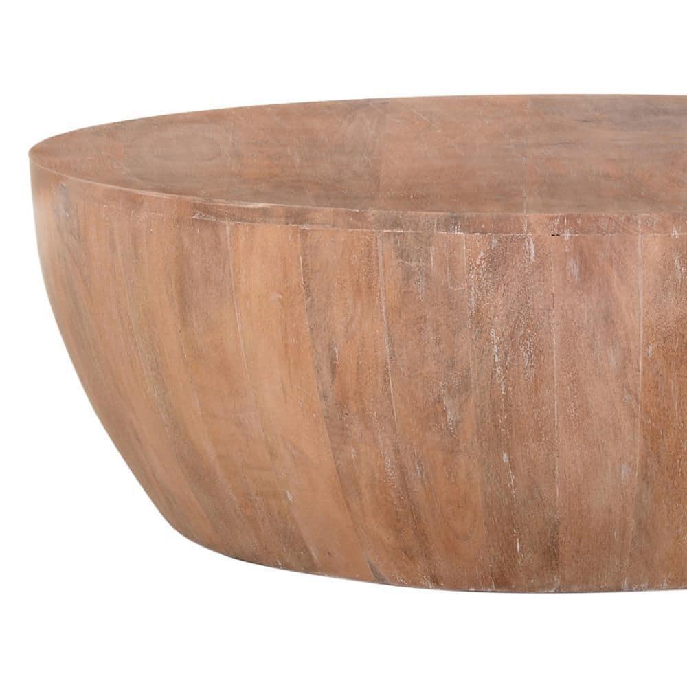 Arthur Drum Shape Wooden Coffee Table with Plank Design Base, Distressed Brown - UPT-32182 Brown