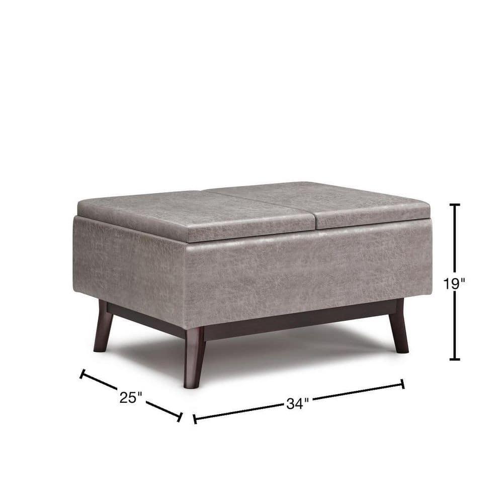 Simpli Home Owen 34"W Small Upholstered Coffee Table Storage Ottoman with Flip-Over Tray Top and Solid Wood Legs