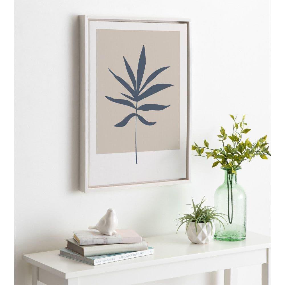 Kate and Laurel Sylvie Muted Tan and Blue Colorblock Botanical Leaf Framed Canvas Wall Art by The Creative Bunch Studio, 18x24 White, Simple Modern Botanical Wall Decor Art
