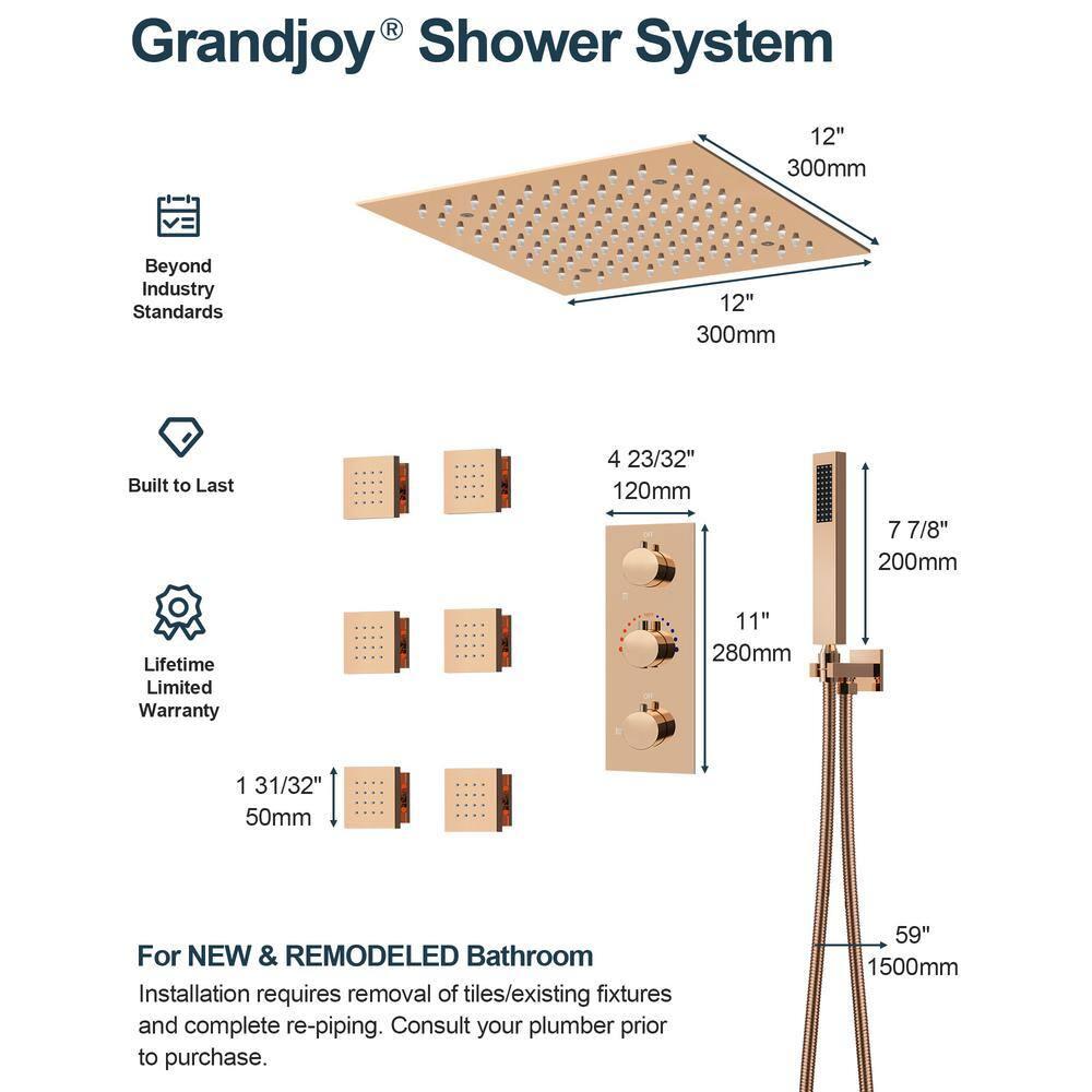 GRANDJOY RGB LED 5-Spray Shower System Ceiling Mount 12 in. Fixed and Handheld Shower Head Shower Faucet Set Thermostatic Valve Kit Rose Gold