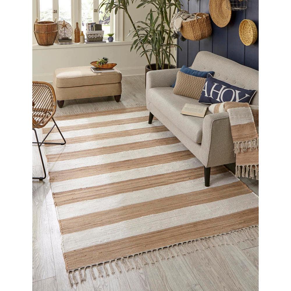 Unique Loom Chindi Rag Collection Area Rug - Striped (12' 2" x 16' 1" Rectangle Beige/Ivory)