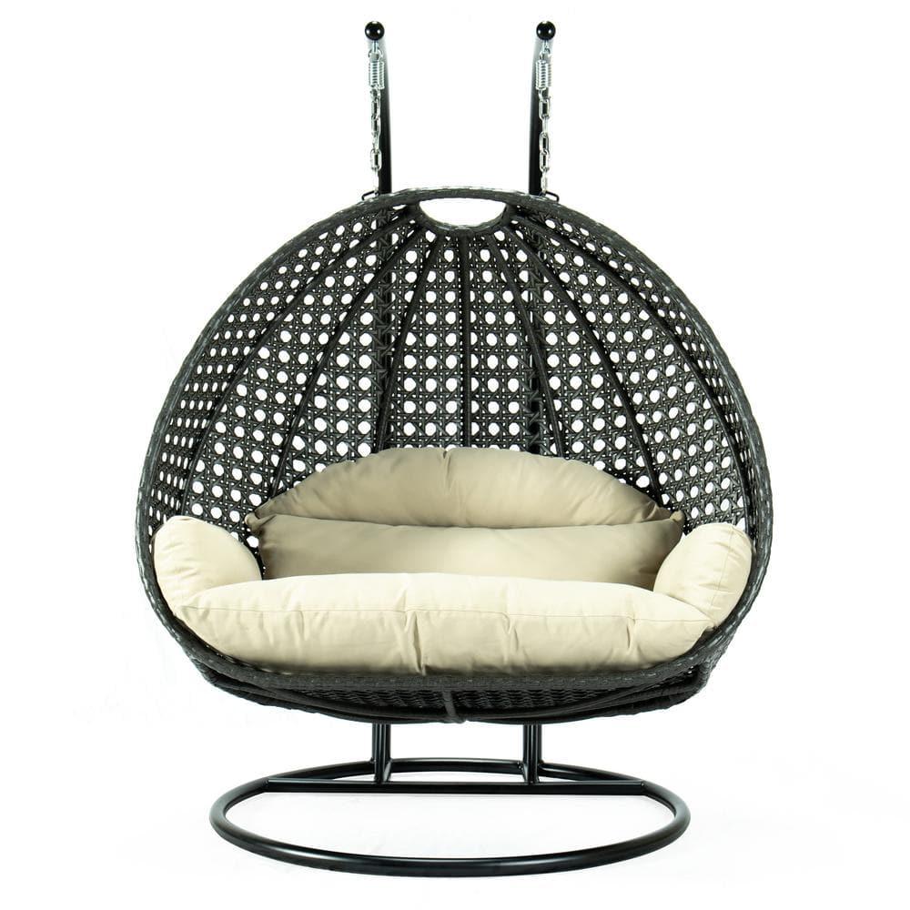 LeisureMod Charcoal Rattan Wicker Double 2 Person Egg Swing Chair with Stand, Taupe Cushion