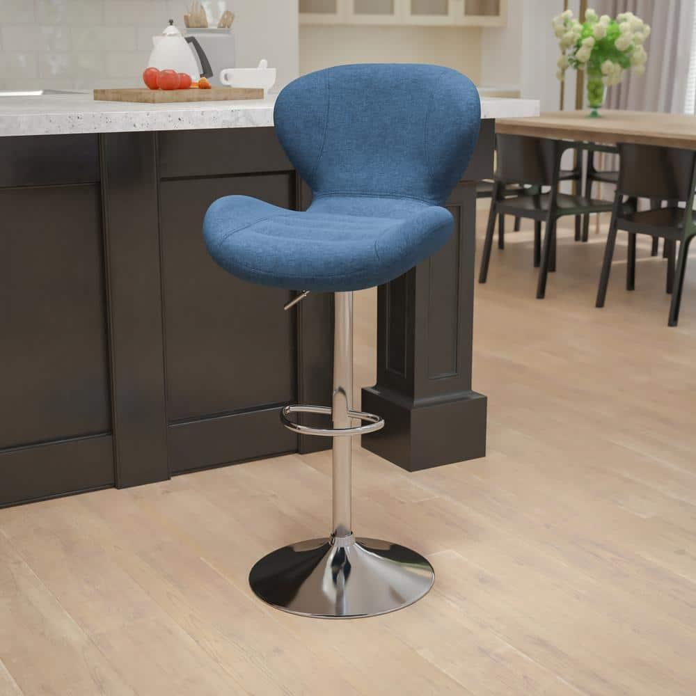 Flash Furniture Francis Contemporary Blue Fabric Adjustable Height Barstool with Curved Back and Chrome Base