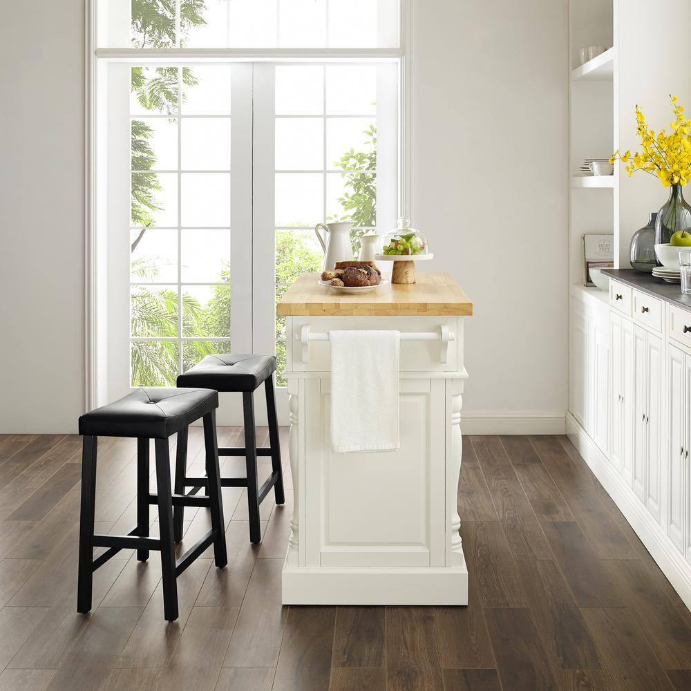 Crosley Furniture Oxford Wood Kitchen Island with Saddle Stools in White