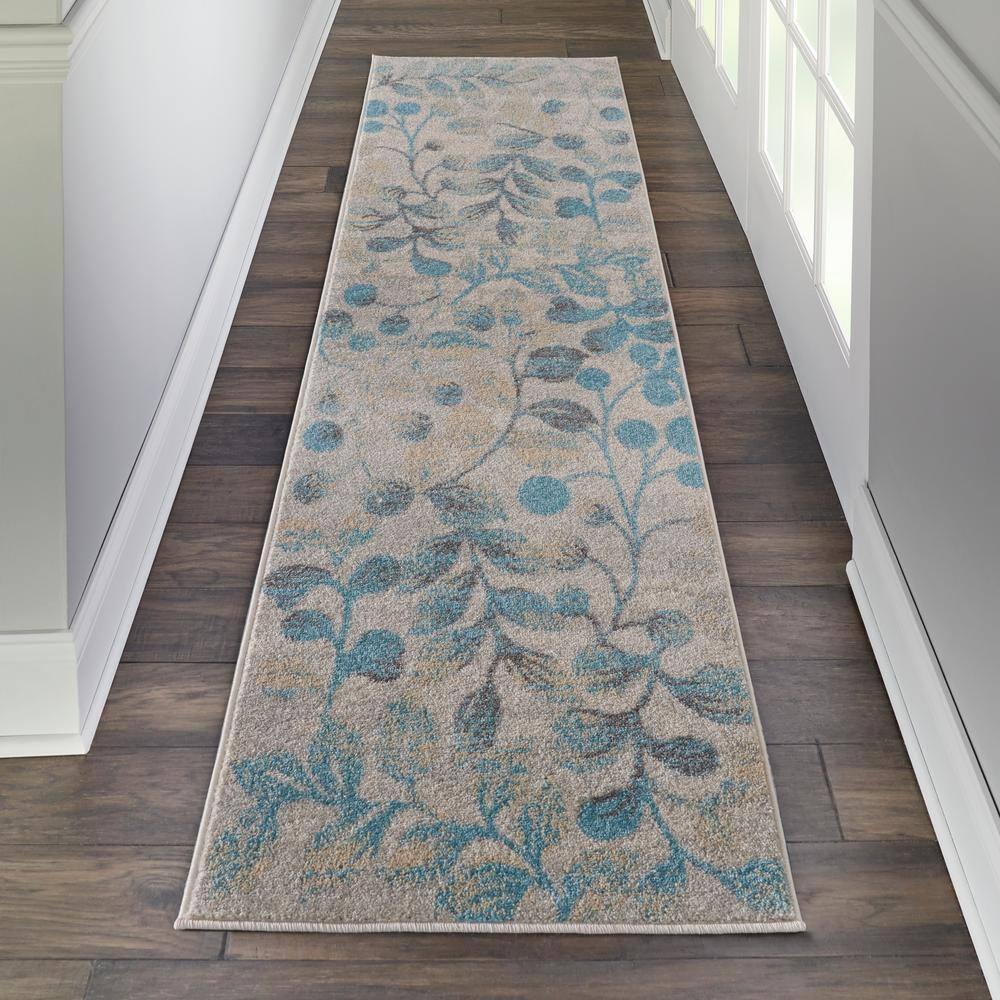 Nourison Tranquil 2'3" X 7'3" (7' Runner) Ivory/Turquoise Area Rug Contemporary Botanical Vine and Bloom by Nourison