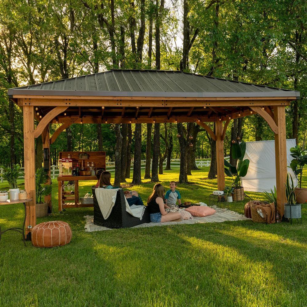 Backyard Discovery Barrington 14' x 12' Cedar Wood Gazebo, Galvanized Steel Roof, PowerPort