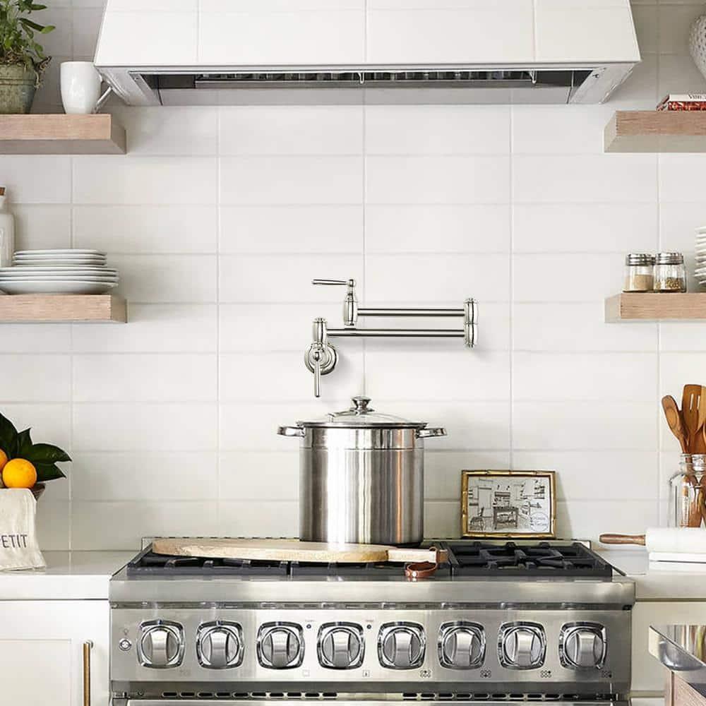 Pot Filler Faucet Polished Nickel: ARCORA Modern Pot Filler Wall Mount Kitchen Folding Faucet 2 Handle with Double Joint Swing Arms Brass Stove Faucet