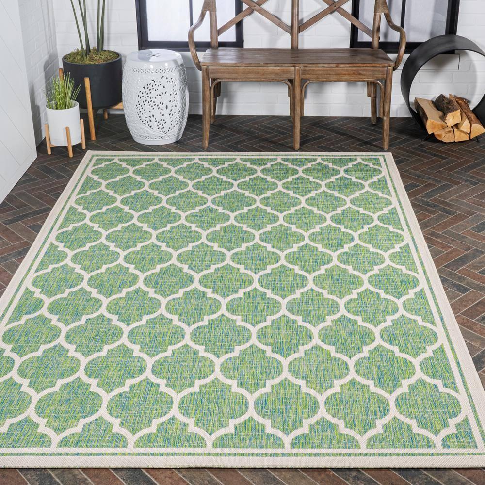 3' x 5' Trebol Moroccan Trellis Textured Weave Indoor/Outdoor Area Rug, Cream/Green - JONATHAN Y