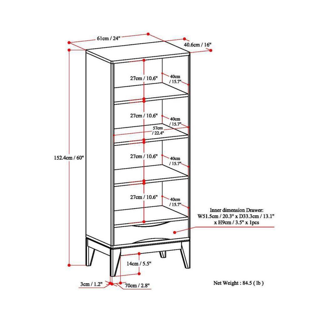 Simpli Home Harper 24"W Solid Hardwood 4 Shelf Mid-Century Modern Bookcase with Drawer and Adjustable Shelves