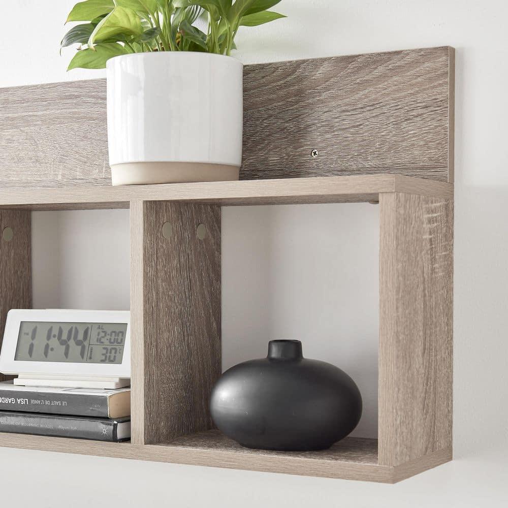 Danya B. 31.5" x 15.7" Modern 3 Cube Floating Wall Shelf with Display Ledge Weathered Oak: Laminated MDF, Iron Hardware