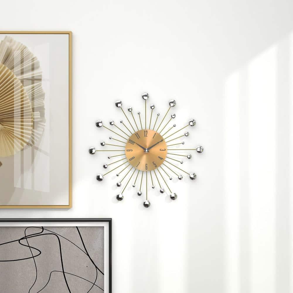 DecMode Gold Metal Glam Wall Clock, 15”L x 0.5”W x 15”H, Features Starburst Design