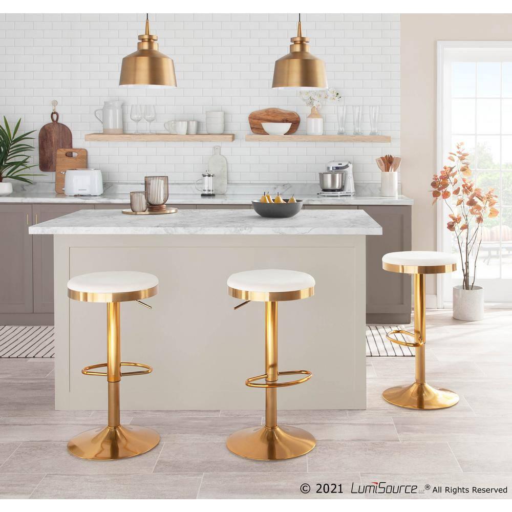 Set of 2 Dakota Glam Adjustable Barstools Steel/Velvet Gold/Cream - LumiSource: Swivel, Footrest, Mid-Century Modern Design