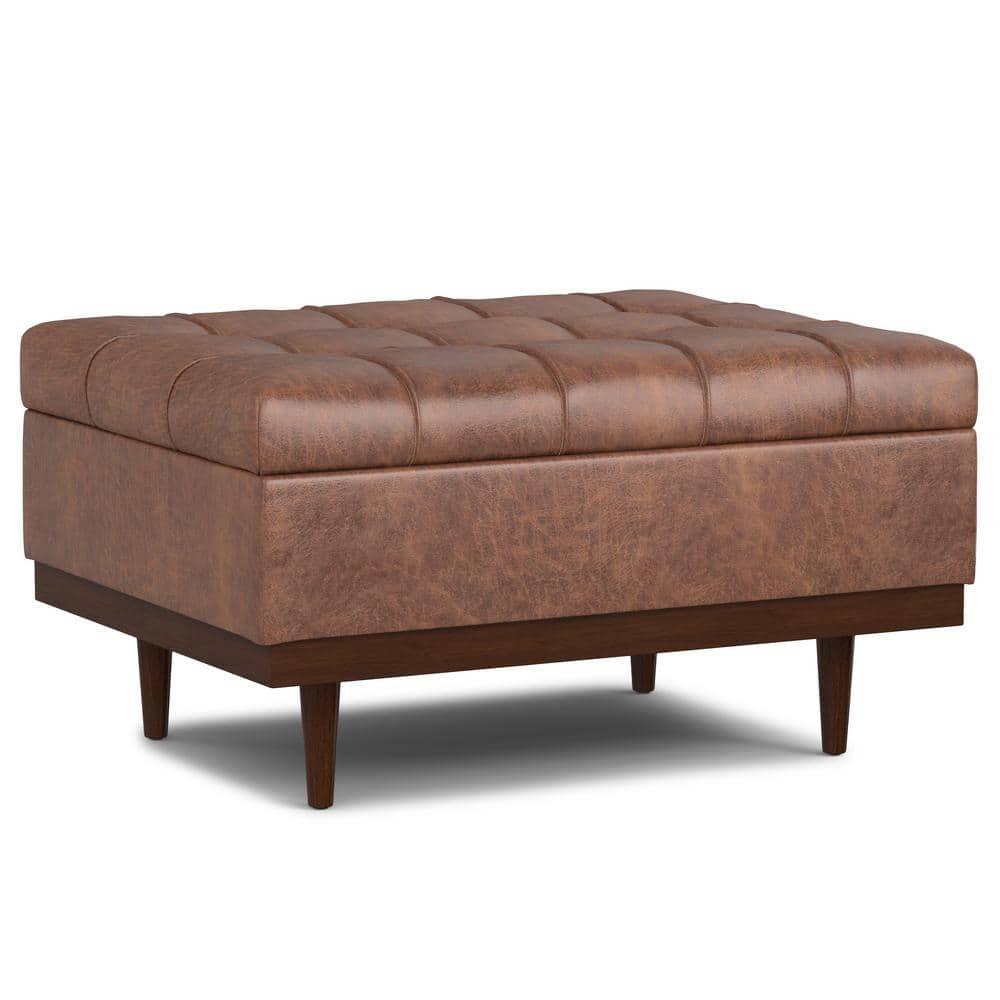 Simpli Home Mariah 34 inch Wide Contemporary Rectangle Coffee Table Storage Ottoman in Distressed Saddle Brown Vegan Faux Leather