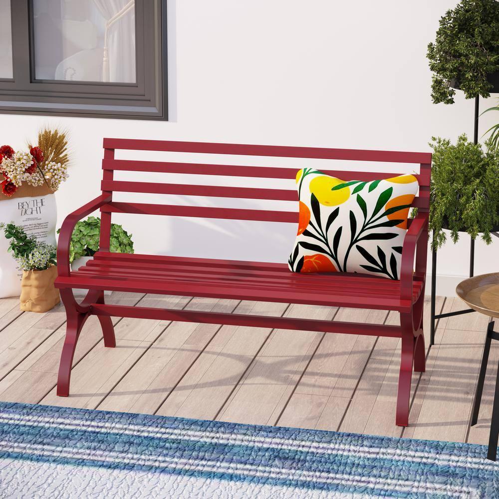 PHI VILLA Outdoor Garden Bench, 48” Long Metal Steel Bench with Backrest and Armrests, Modern Slatted Design for Patio, Lawn, Yard, Porch - Red