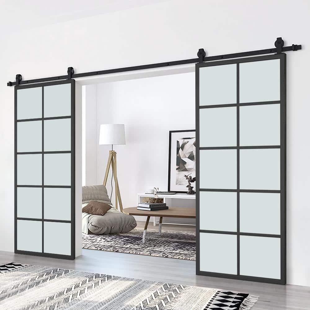 Calhome 84'' Solid Core Glass with Installation Hardware Kit Barn Door