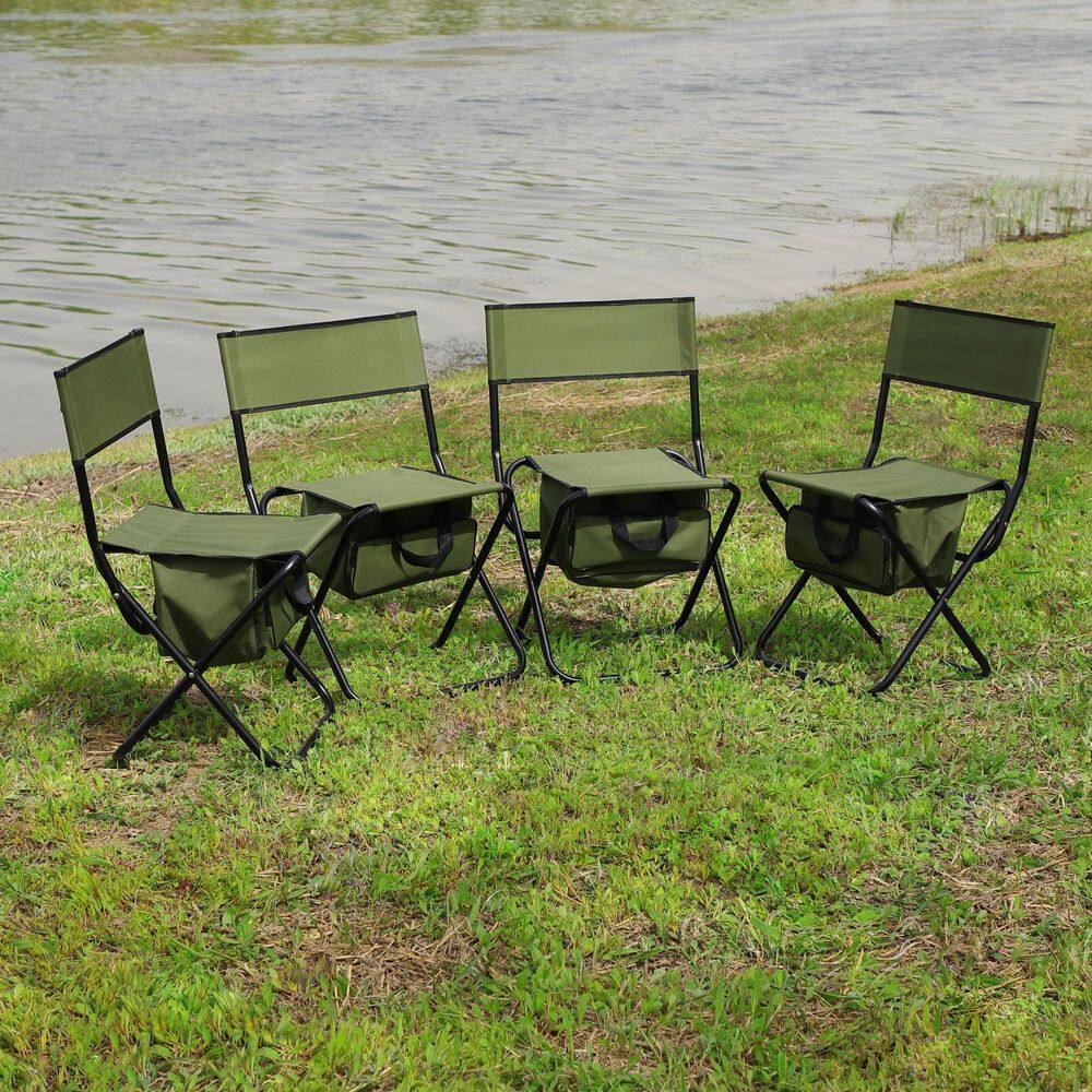 Green Steel Armless Folding Camping Chairs with Storage Bag, Set of 4