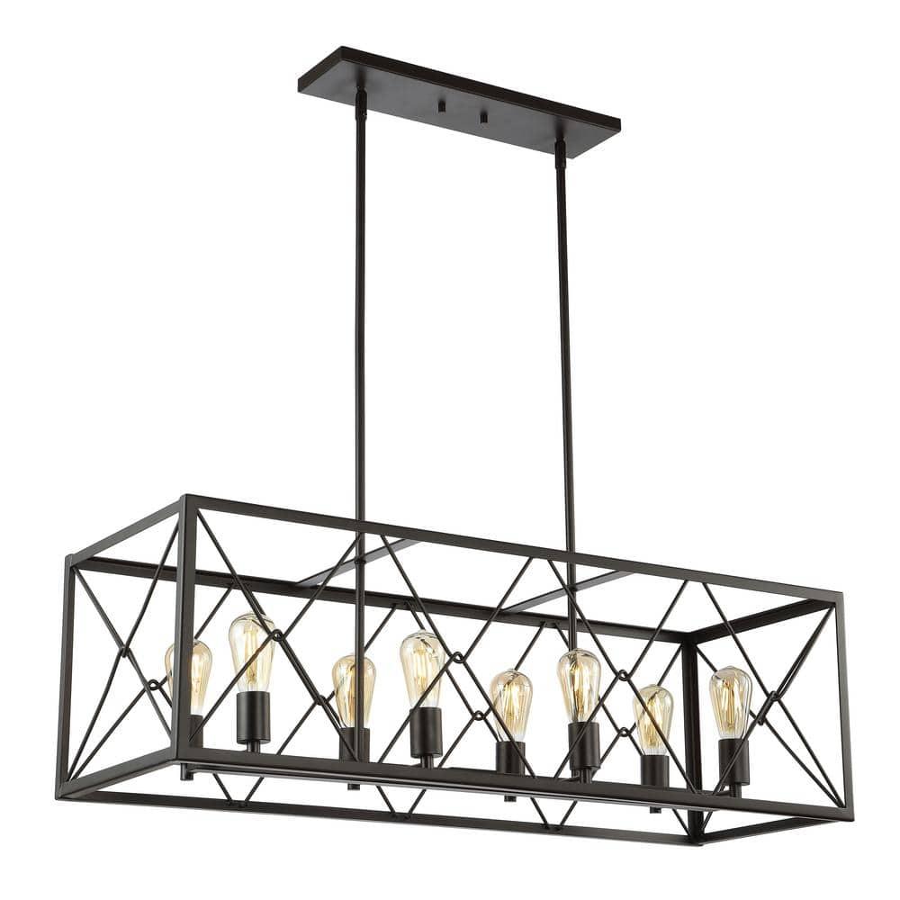JONATHAN Y Galax 39" 8-Light Adjustable Iron Farmhouse Industrial LED Dimmable Pendant, Oil Rubbed Bronze