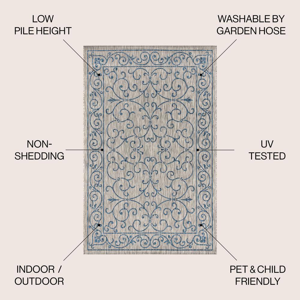 9' X 12' Charleston Vintage Filigree Textured Weave Indoor/Outdoor Area Rug, Gray/Navy - JONATHAN Y