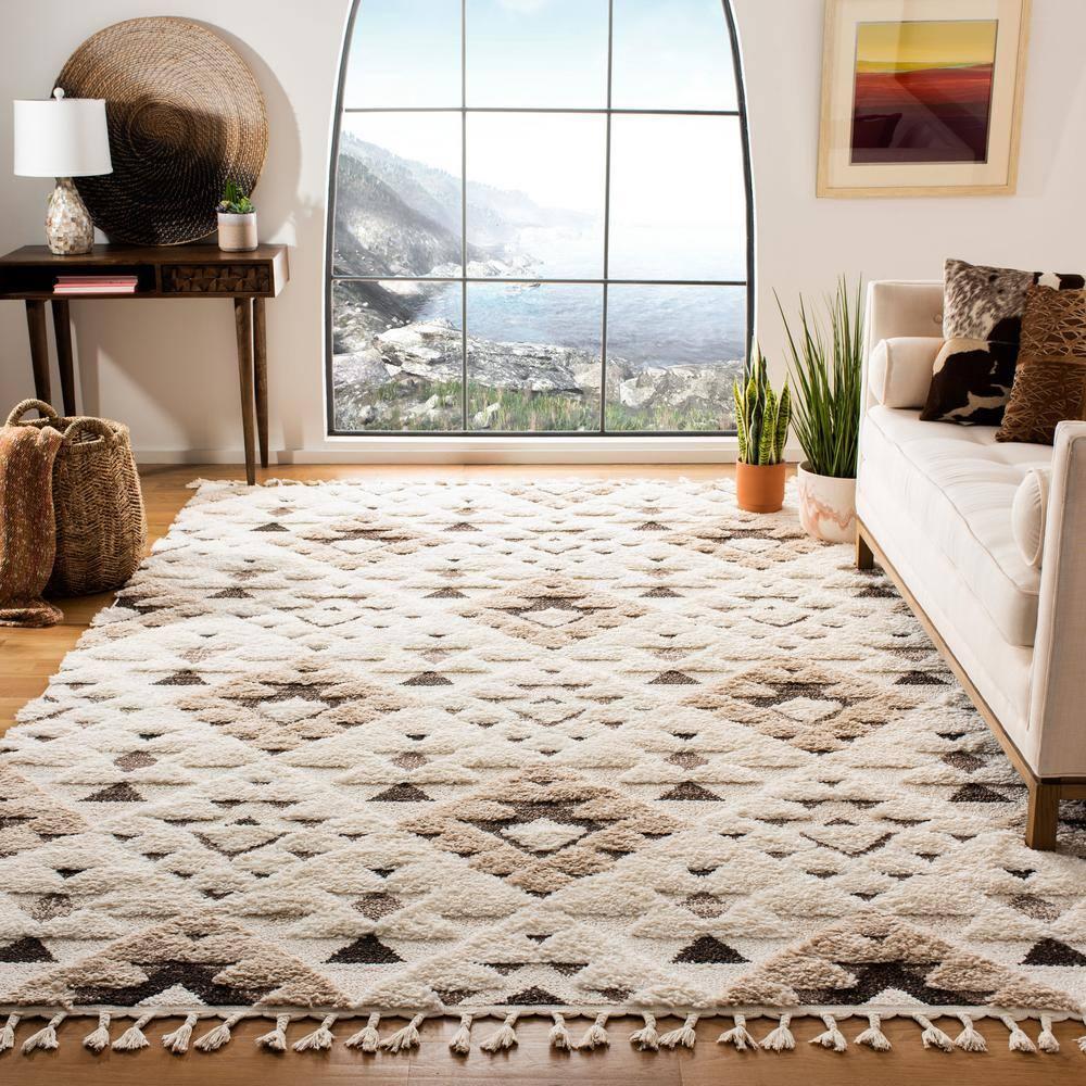 SAFAVIEH Moroccan Tassel Shag Larry Moroccan Geometric Area Rug, Ivory/Brown, 9' x 12'
