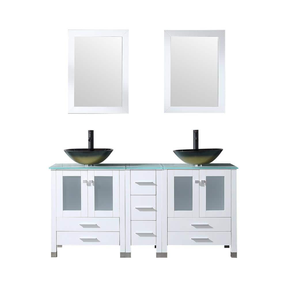 60" White Bathroom Vanity Cabinet Optional Double Sink Tempered Glass Top Mirror