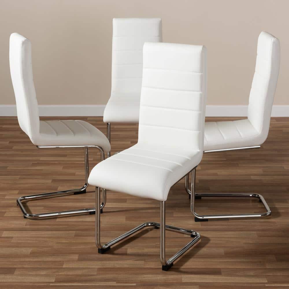 Baxton Studio Set of 4 Marlys Modern and Contemporary Faux Leather Upholstered Dining Chairs White: Chrome-Finished Legs, Mid-Century Design