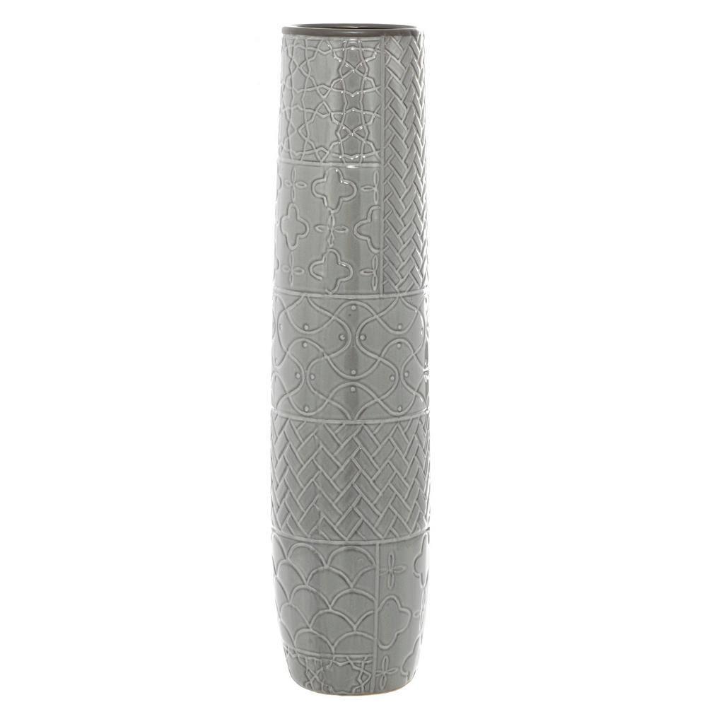 Bungalow Rose Ceramic Slim Engraved Patterned Decorative Gray Vase