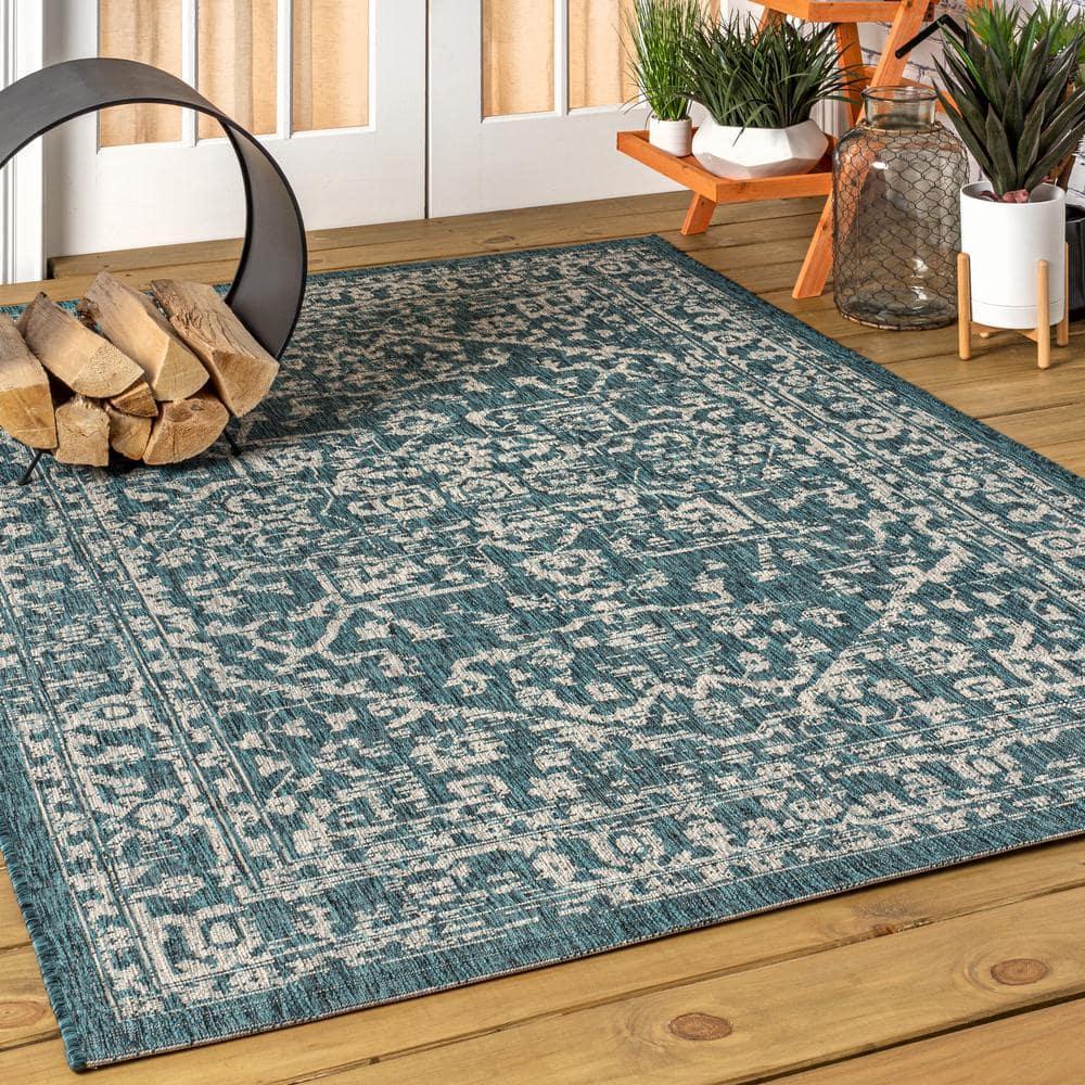 4'x6' Malta Bohemian Medallion Textured Weave Indoor/Outdoor Area Rug, Teal/Gray - JONATHAN Y