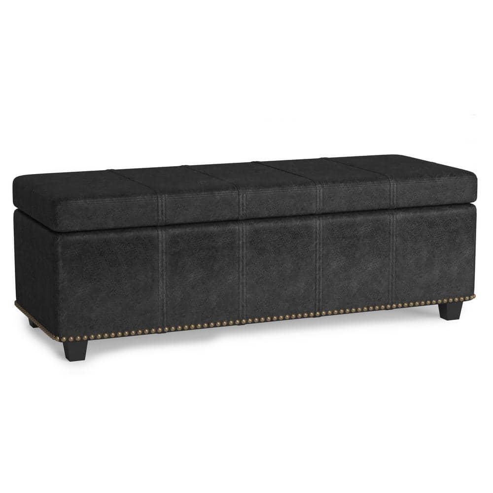 Simpli Home Kingsley 48"W Upholstered Storage Ottoman with Lift-Top Lid, Nailhead Trim, and Stitching Detail