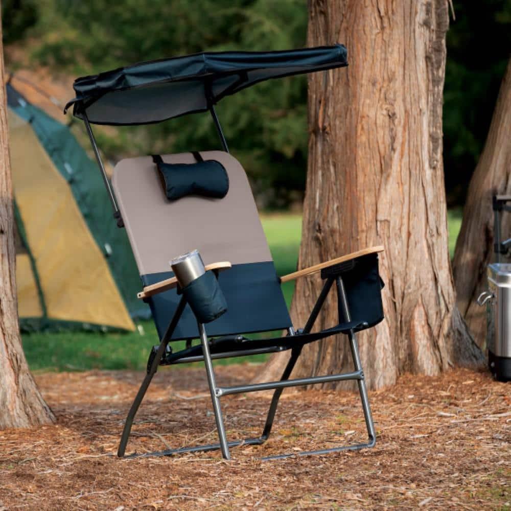 Gray and Black Steel Frame XXL Camping Chair with Wood Arms