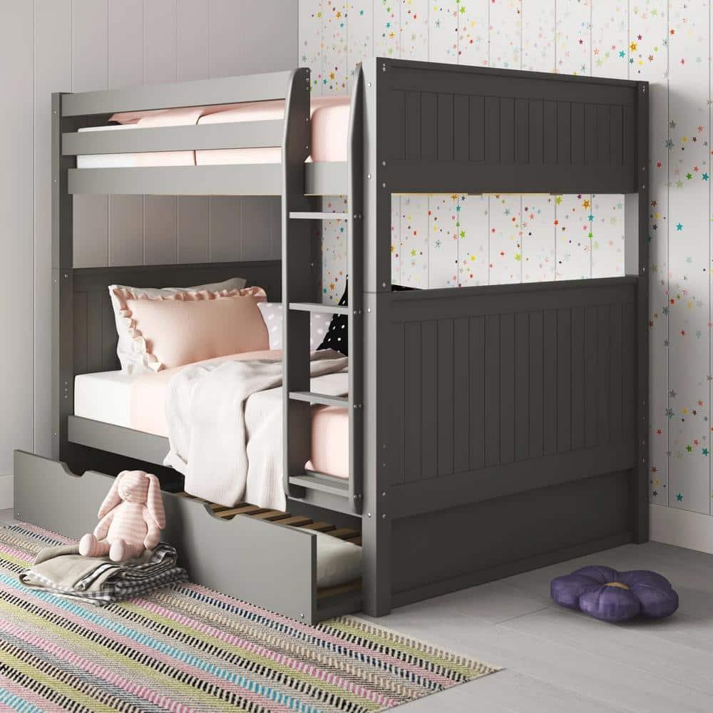 Camaflexi Full over Full Bunk Bed with Twin Trundle - Panel Headboard - Grey Finish