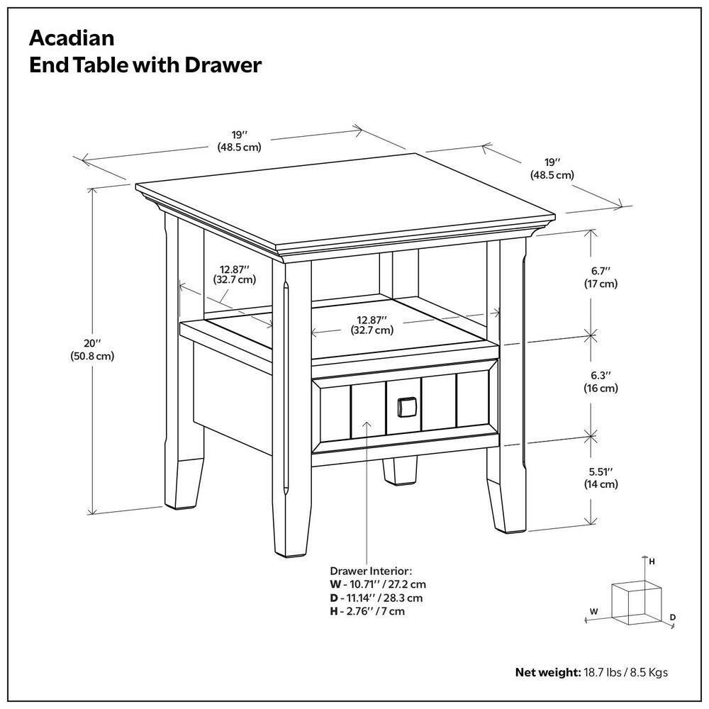Simpli Home Acadian Solid Wood Transitional End Table with Drawer and Open Shelf