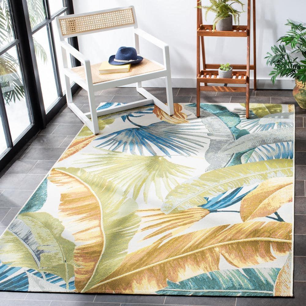 SAFAVIEH Barbados Banana Leaves Outdoor Area Rug, Gold/Green, 8' x 8' Square