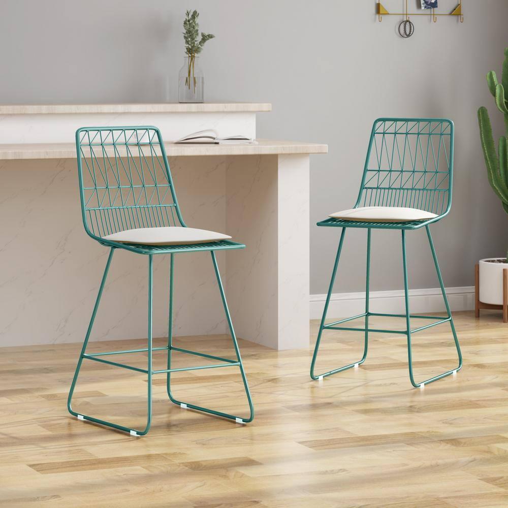 Noble House Walcott 26" Geometric Metal Counter Stools in Blue/Ivory (Set of 2)