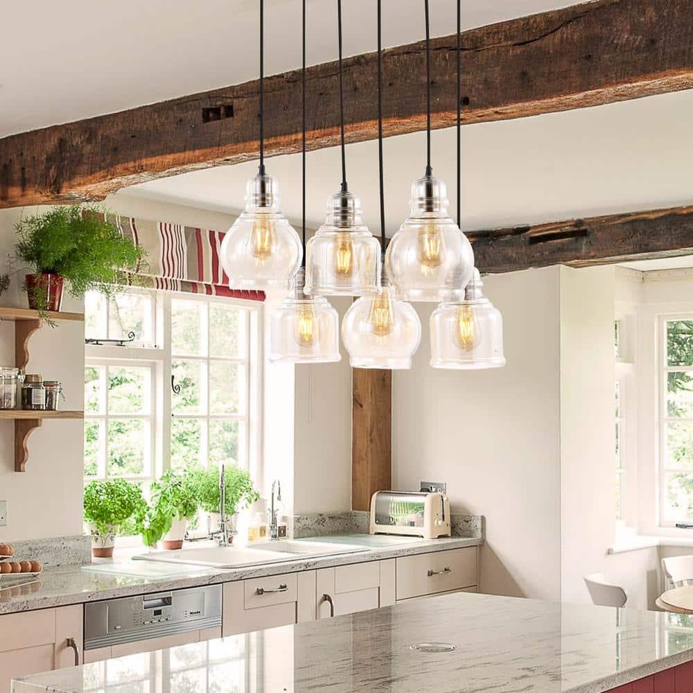 Sydney 18.88" 6-Light Bohemian Farmhouse Iron/Glass Cluster LED Pendant, Nickel/Champagne